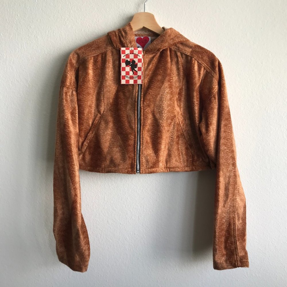 NWT omighty Faux Fur Cropped Teddy Bear Hoodie Size S Small